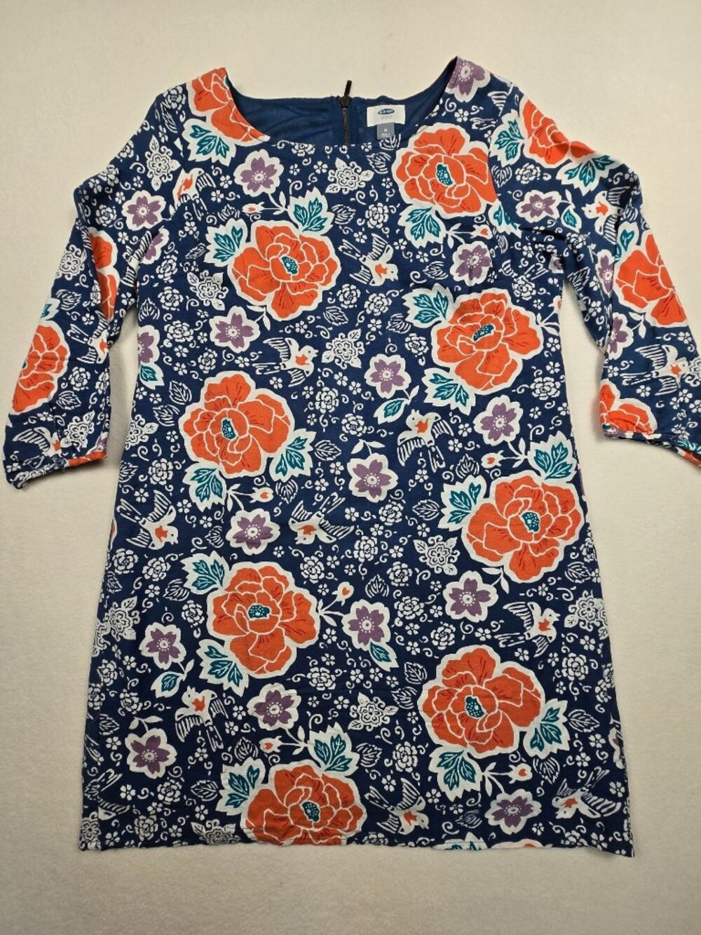 Old Navy Medium Floral Dress Navy Orange Purple 3/4 Sleeve Back Zip